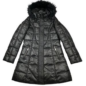 Apple Bottoms‎ Parka Jacket MEDIUM Black Puffer Faux Fur Hood Nelly Y2K Hip Hop